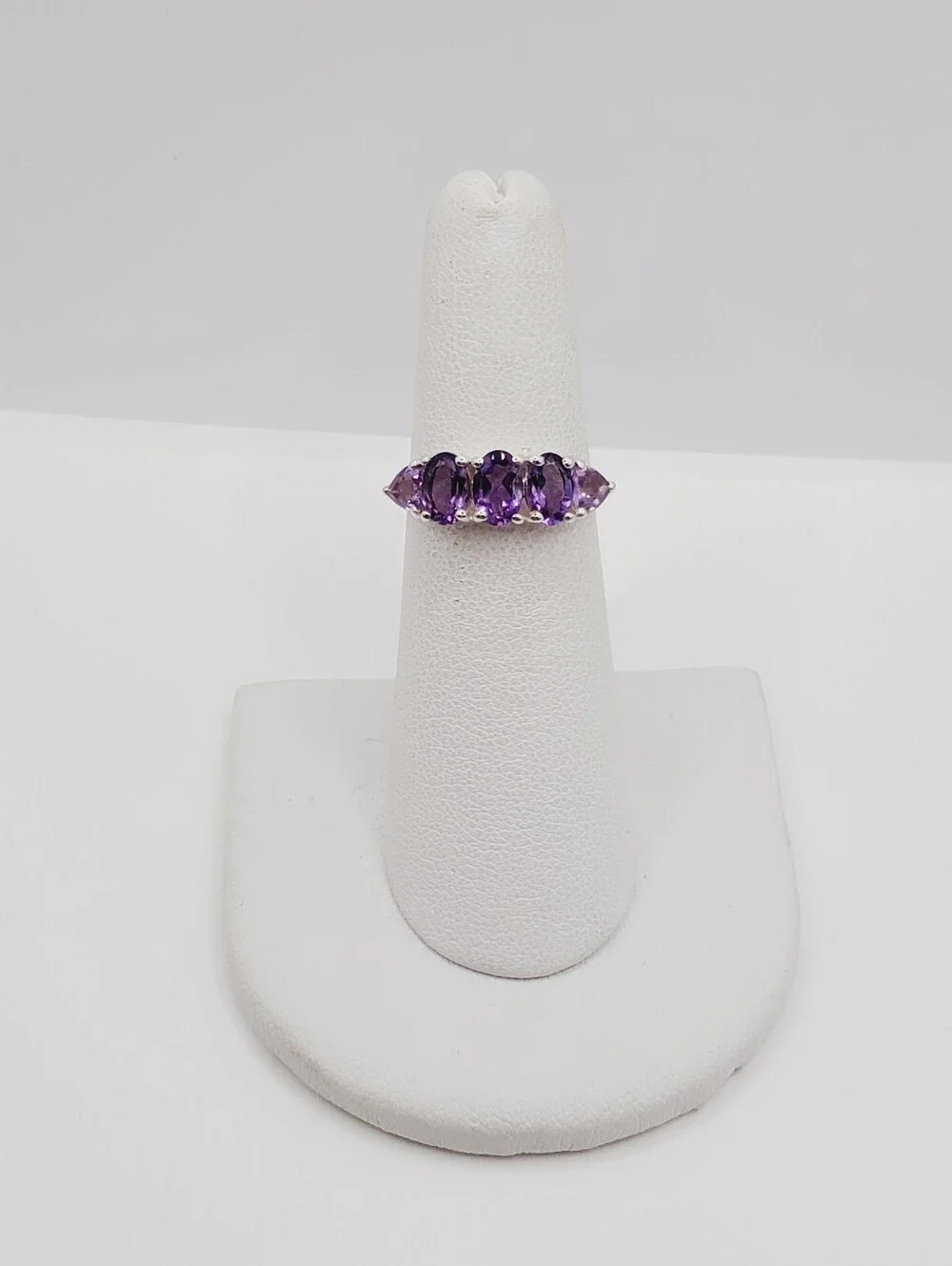 Oval & Trillion Genuine Purple Amethyst Five Stone Ring In 925 Sterling Silver